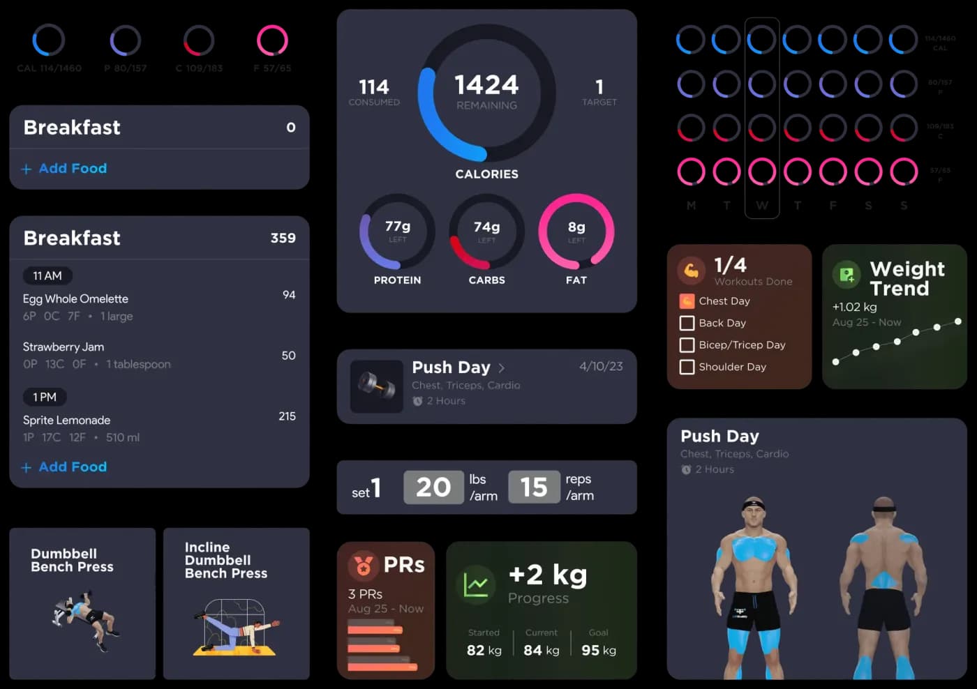 LiftBuddy component set covering nutrition, calories, weight trend and personal records