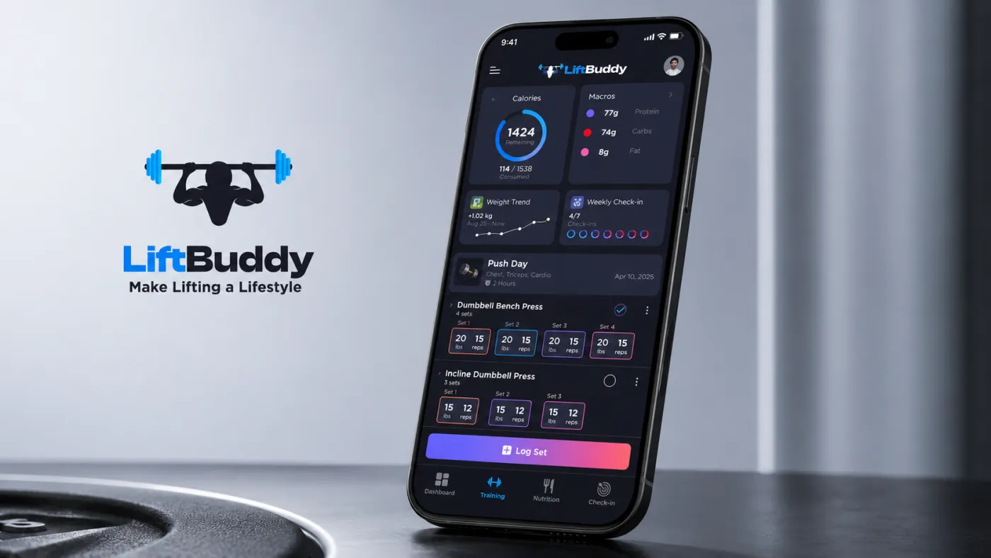 LiftBuddy shown on a phone with the brand mark