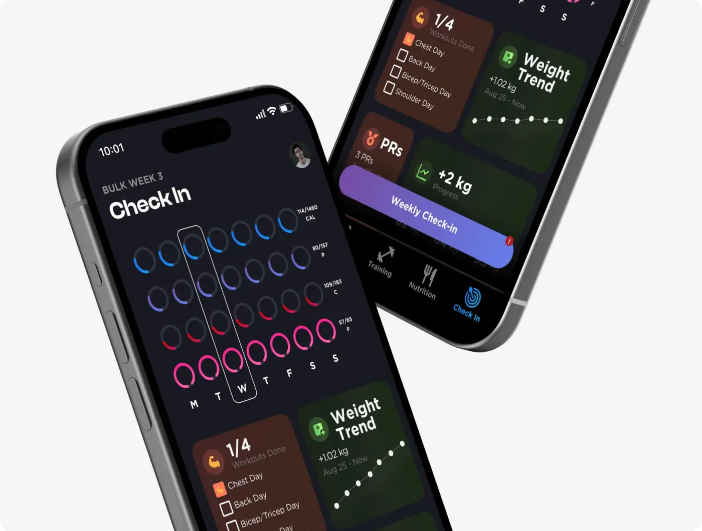 LiftBuddy weekly check-in and progress screens