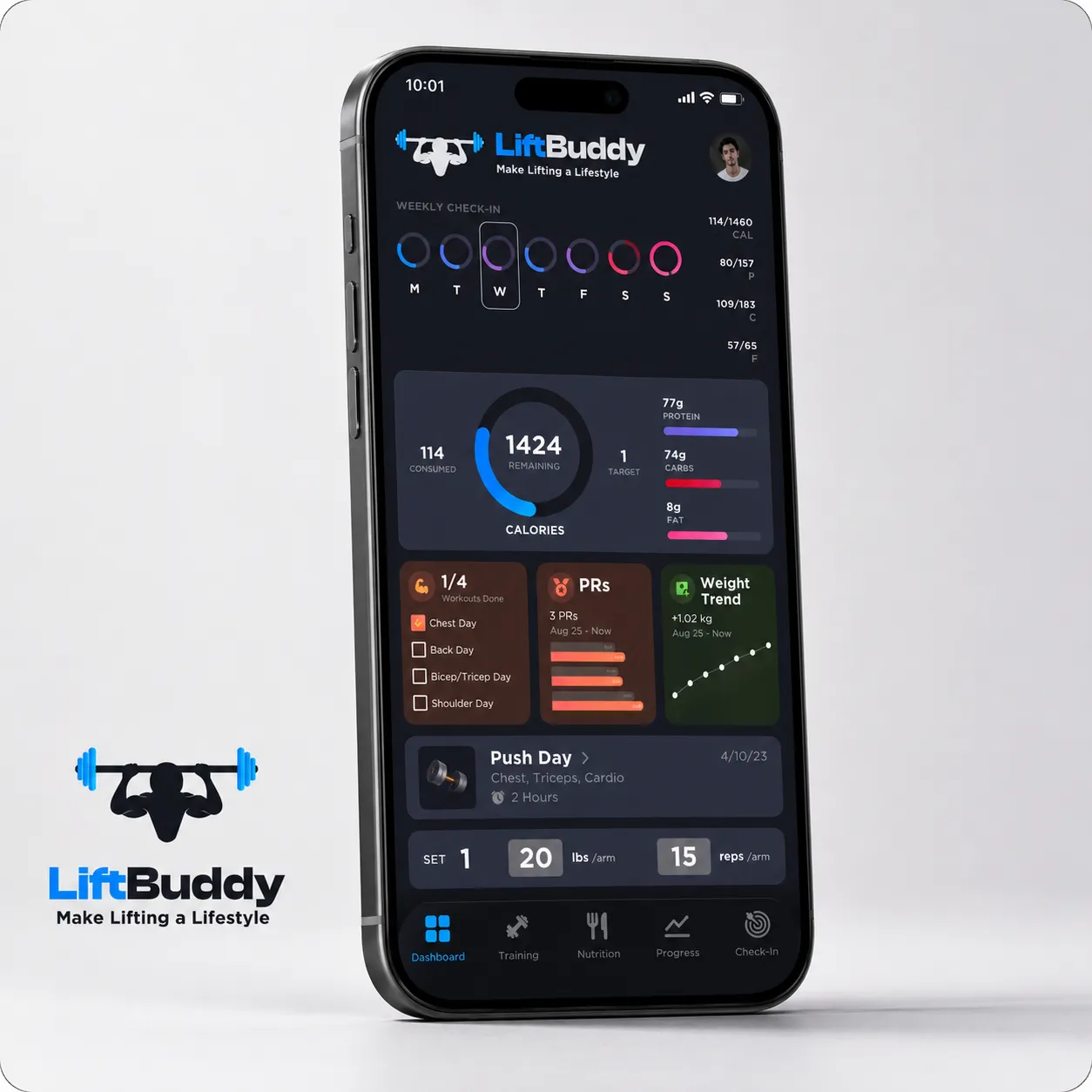 LiftBuddy check-in screen and logo