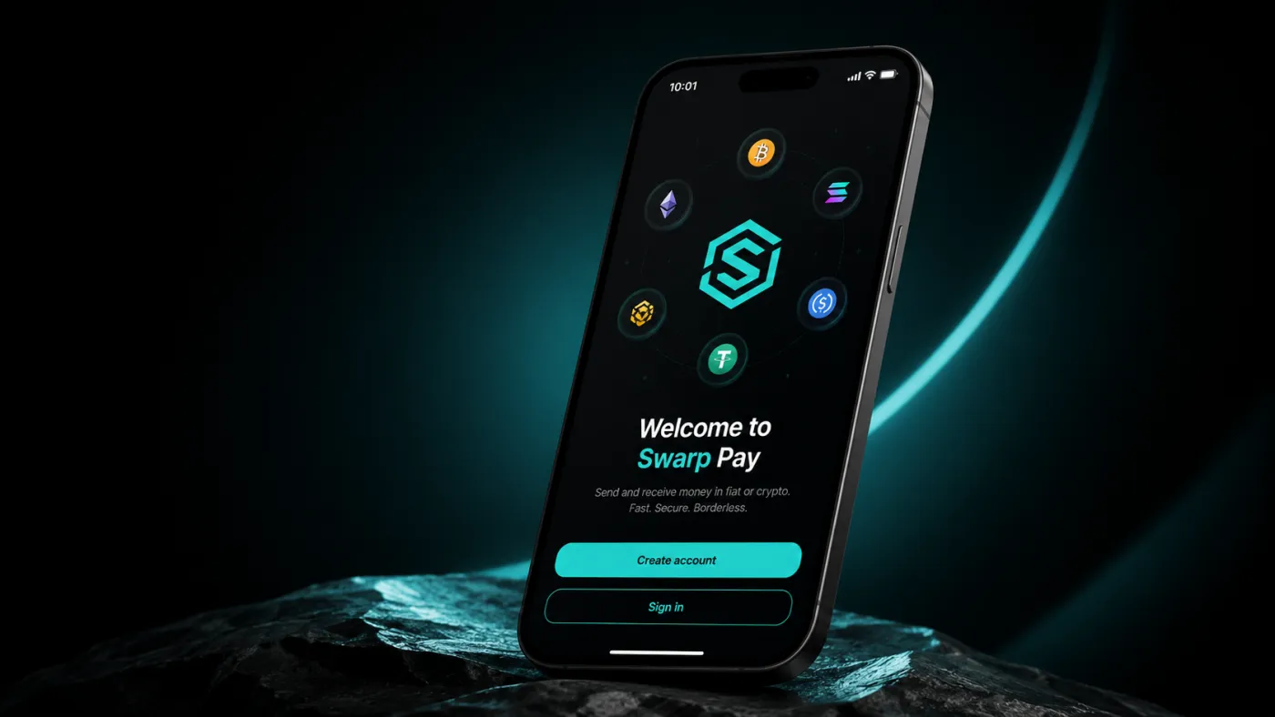 Swarp Pay welcome screen, app icon and wallet UI