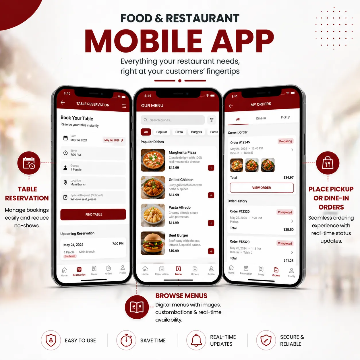 TWLM feature overview covering table reservation, menu browsing and pickup orders