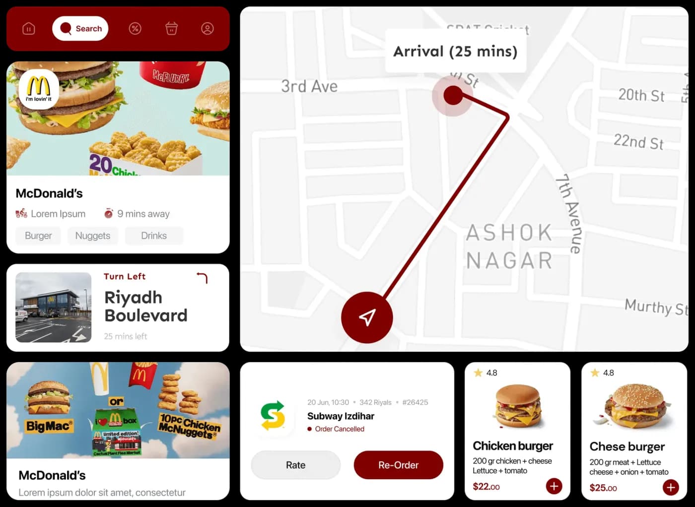 TWLM component set covering search, delivery route and menu cards